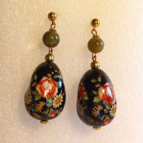 VINTAGE CLOISONNE HAND PAINTED PORCELAIN DANGLE/DROP EARRINGS 2 1/4" LONG. - Picture 4 of 6
